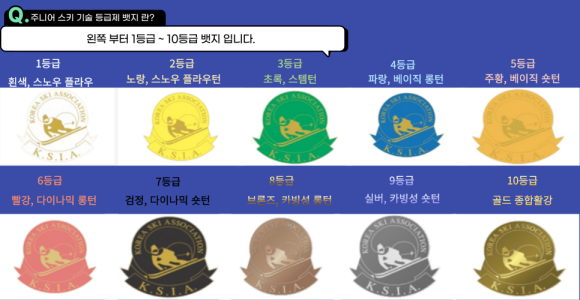 주니어 스키기술등급제 배지 10종: 1등급 흰색, 2등급 노랑, 3등급 초록, 4등급 파랑, 5등급 주황, 6등급 빨강, 7등급 검정, 8등급 브론즈, 9등급 실버, 10등급 골드